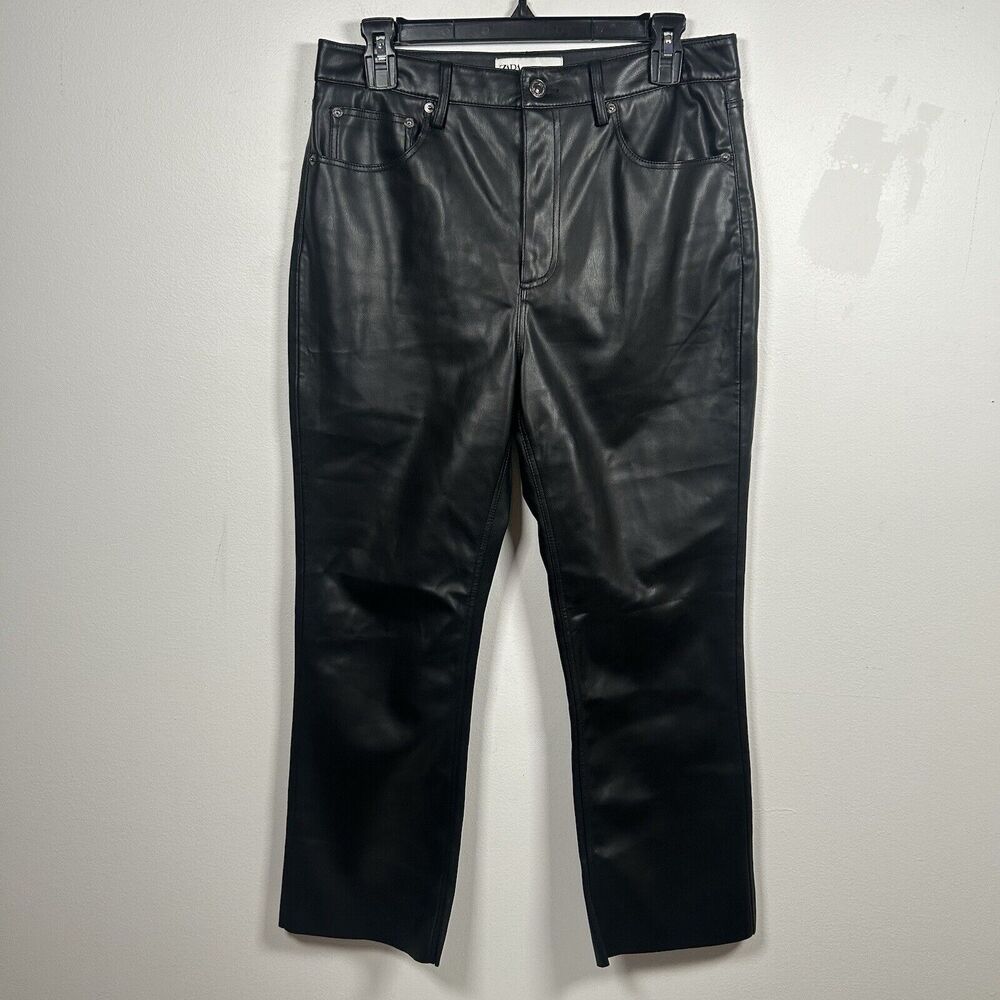 ZARA Black Wide Leg Vegan Faux Leather Pants Biker Moto High Rise Women's Size 8